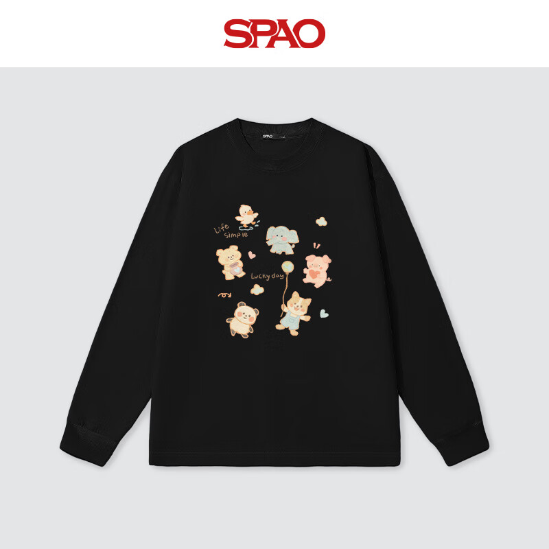 SPAO收袖圆领纯棉长袖T恤男女2025秋季户外通勤运动上衣SPCX25ST02XY 黑#卡哇小动物 M