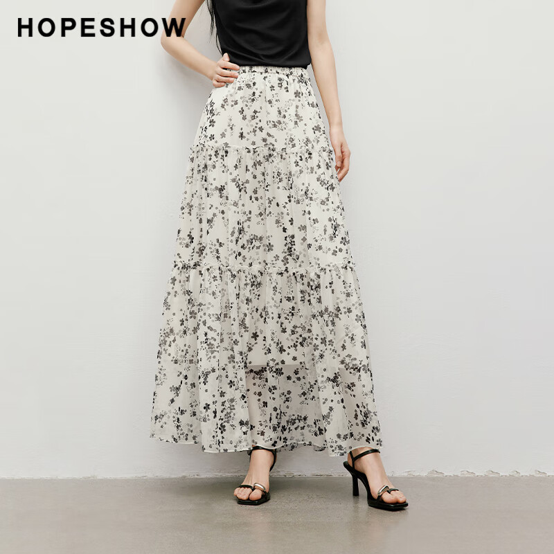 紅袖（hopeshow）碎花高腰雪紡裙波西米亞風(fēng)夏新款女裝七夕 米底黑花670 S