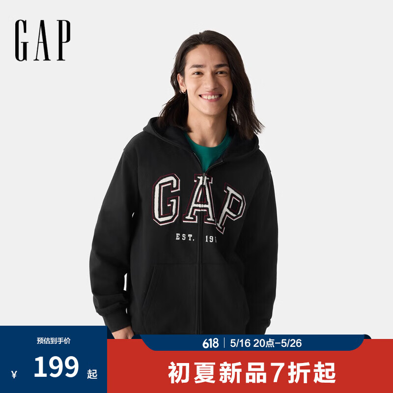 Gap男女装2025春季新款logo法式圈织拉链连帽卫衣宽松外套720972 黑色 （贴布绣logo） M (170/92A) 亚洲尺码