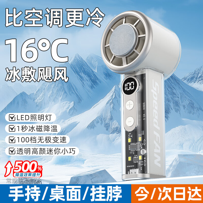 亿拉福高速手持小风扇挂脖桌面宿舍床头电风扇静音充电长续航usb风宝微小型便携迷你随身 【透明白】超大风力丨100档可调丨夜灯丨常规款