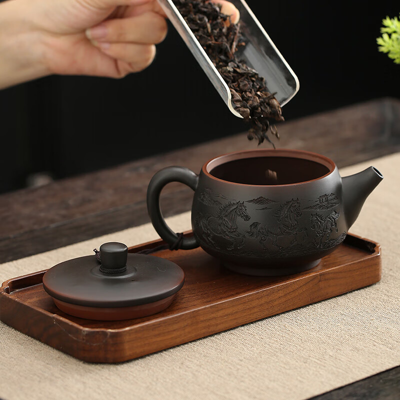 颖器紫陶壶茶壶凤鸣壶大口汉瓦壶280ml家用泡茶壶中式手工紫砂壶茶具 04紫陶汉瓦壶+2杯(礼盒装) 280ml