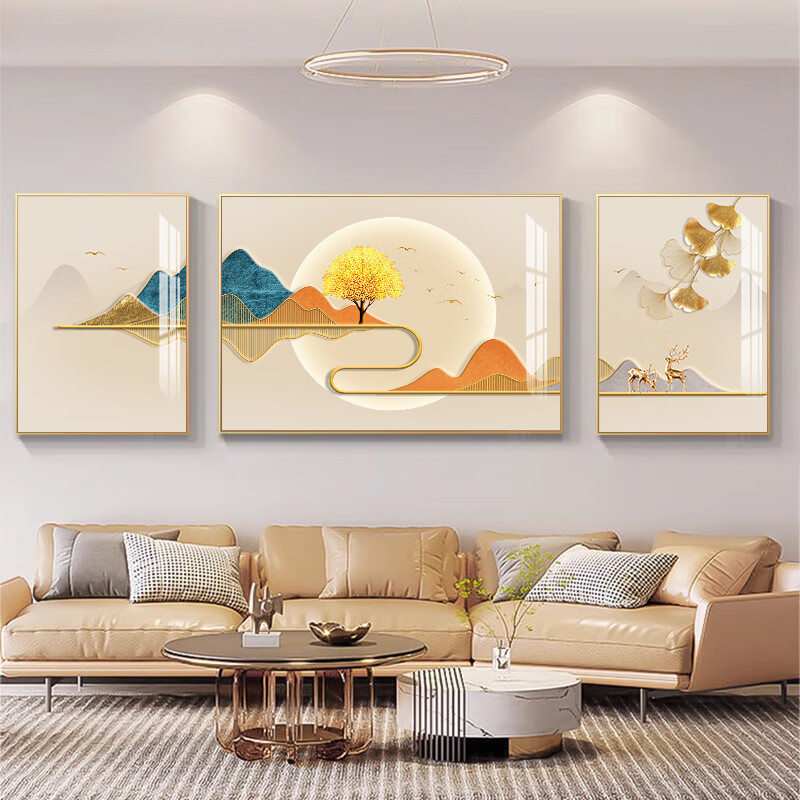 莺语轻奢新款沙发背景墙装饰画寓意好大气高档三联画现代简约客厅挂画 筑梦空间 小套(左右35X50+中70X50)亚光纹理 铝合金边框(默发金色框)
