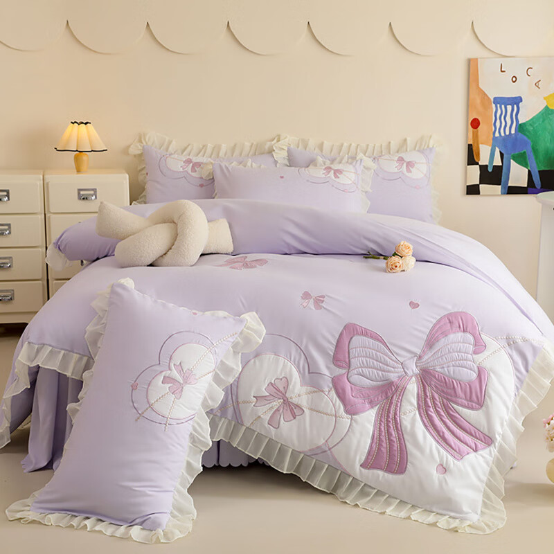 诸禄儿童磨毛床裙款四件套女孩亲肤贴布绣蝴蝶结被套单人女童2025新款 浪漫告白-紫 床单款 2.0m床单四件套被套220*2