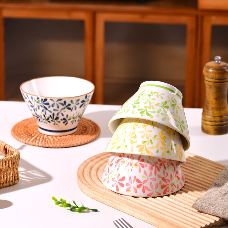 雅岑繁华四季釉下彩陶瓷餐具日式5英寸汤碗创意斗笠家用组合饭碗套装 5英寸斗笠碗【四色混装】