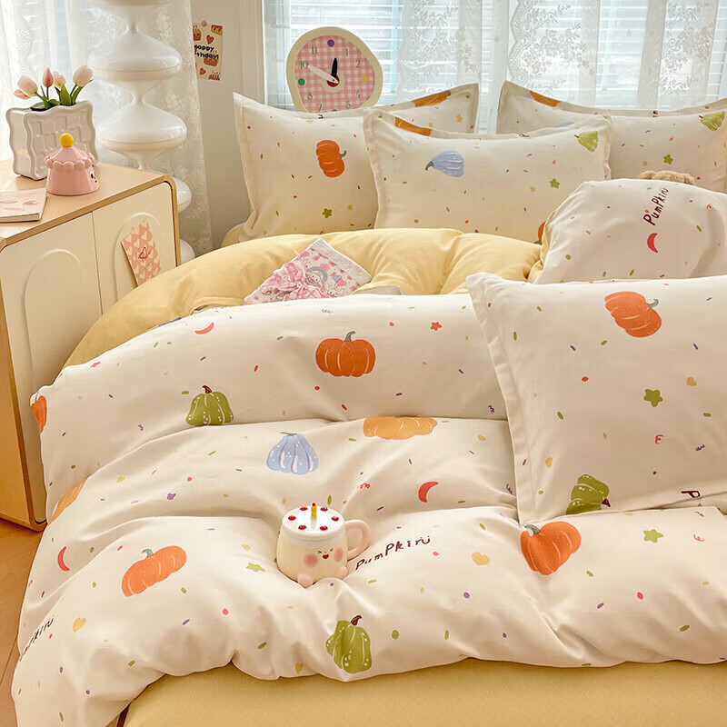 软贝小清新四件套 透气亲肤印花卡通简约田园风被套床单款套件 南瓜园 2.0m 床单款 四件套(被套200*230cm)