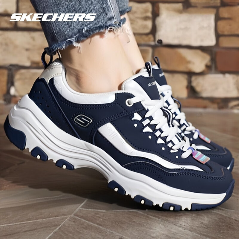 斯凯奇（Skechers）女鞋春夏季2025新款网面小白鞋休闲运动鞋厚底增高老爹鞋熊猫鞋 海军蓝色-NVMT 36