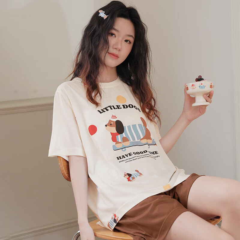 芬腾睡衣女夏季新款薄款短袖短裤甜美可爱少女大码家居服夏天套装 FX26921556米白 2XL 建议：145-160斤