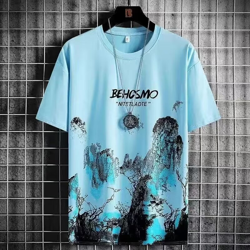 嘉晔夏季新款休闲运动套装男短袖t恤短裤潮流宽松大码夏天衣服男装SN 风景蓝色 2XL