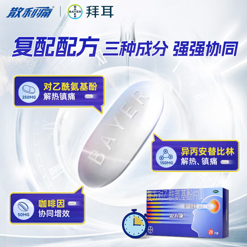 [散利痛]复方对乙酰氨基酚片(Ⅱ) 20片 2盒装 偏头痛痛经退烧药止痛片关节痛普通感冒发热缓解预防基孔肯雅热病毒 解热镇痛
