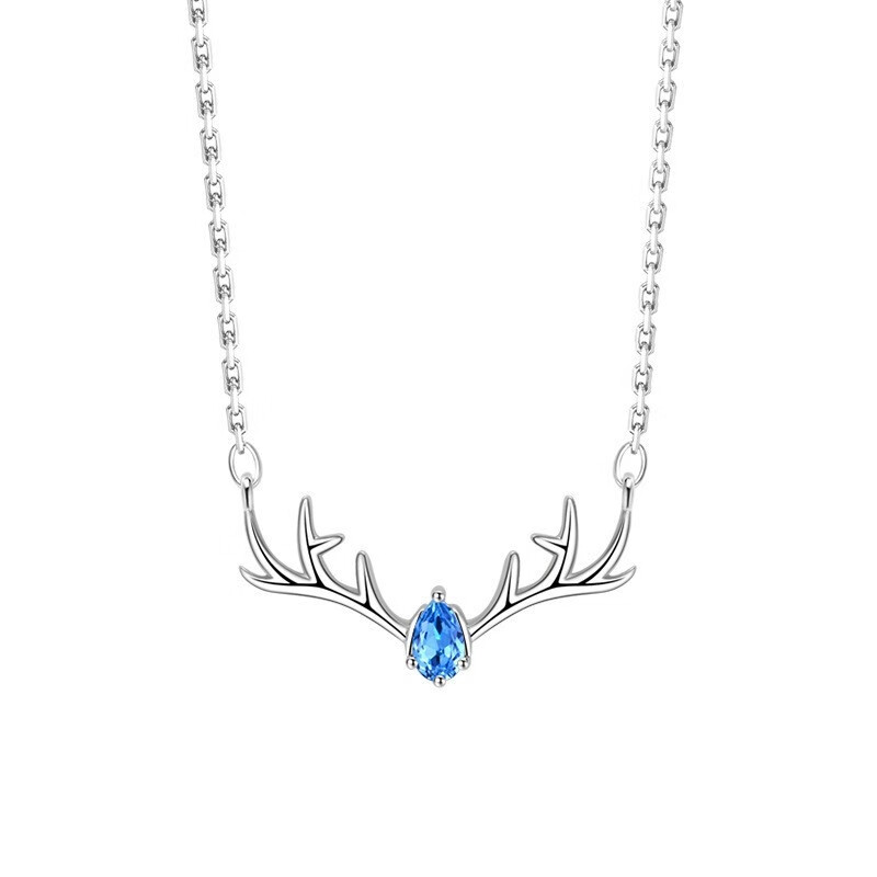 S925纯银一鹿有你项链女吊坠日韩个性学生森系小麋鹿角吊坠脖颈链 白金色蓝钻 925银