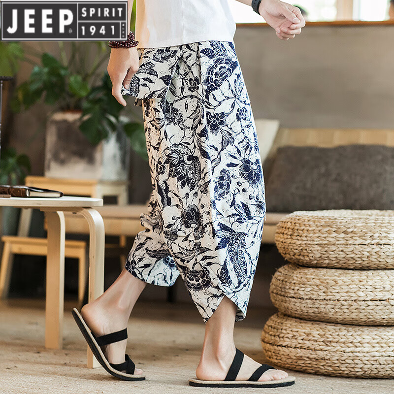 JEEP SPIRIT泰國(guó)大象褲子男寬松闊腿褲民族風(fēng)棉麻燈籠褲休閑中青年胖子七分褲 白色 XL