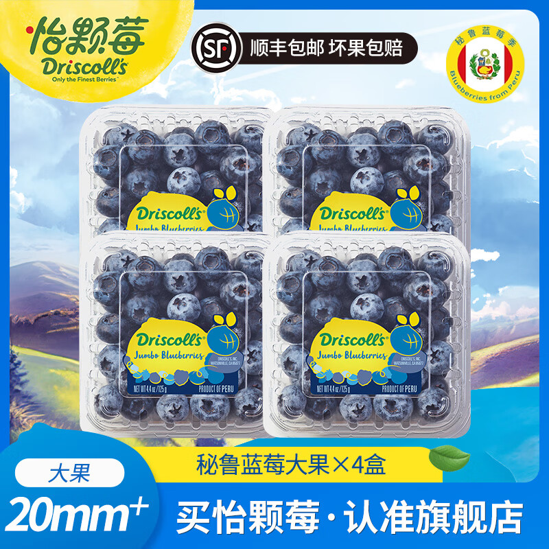 怡颗莓【进口蓝莓】当季秘鲁蓝莓 进口新鲜蓝莓 生鲜水果送礼 超大蓝莓 125g*4盒（20mm+）