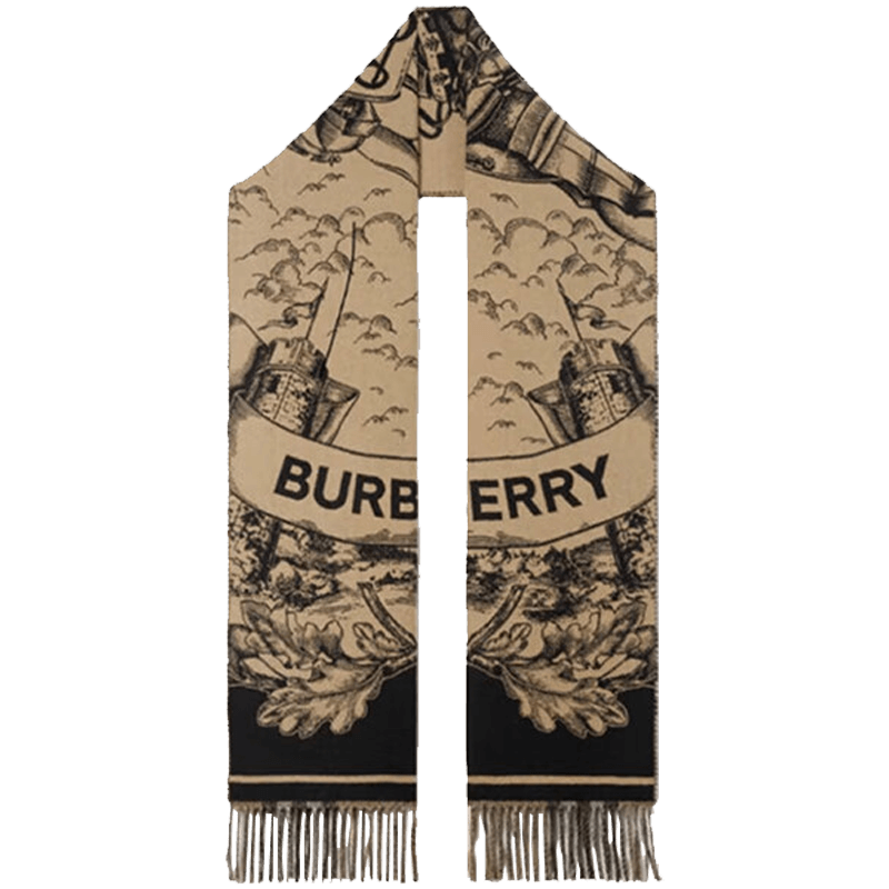 博柏利（BURBERRY）羊绒围巾 马术骑士徽标 字母徽标提花 双面两用 8073768 典藏米色