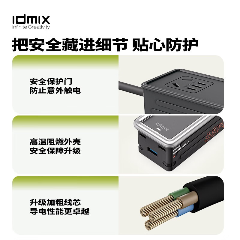 IDMIX 充电器快充多功能氮化镓桌面USB排插五合一家电笔记本电脑手机通用PD65W 【氮化镓PD65W/太空灰】赠1米C-C线