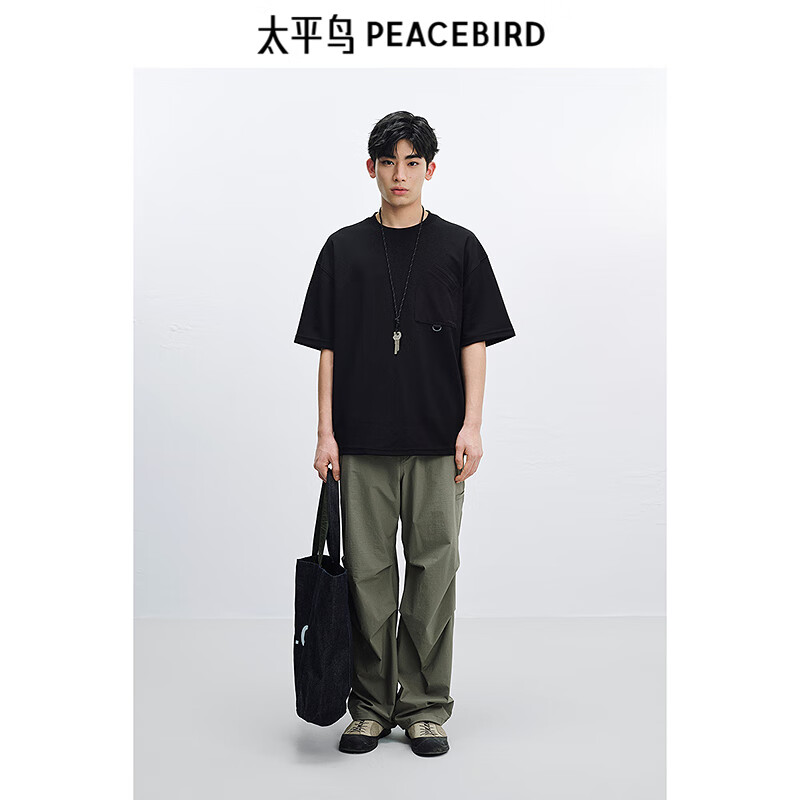 太平鳥(niǎo)男裝【T恤熱賣(mài)清倉】重磅刺繡短袖合集t恤休閑體恤衫純色半袖潮 不規則胸袋T 白色BWCNE2399 S