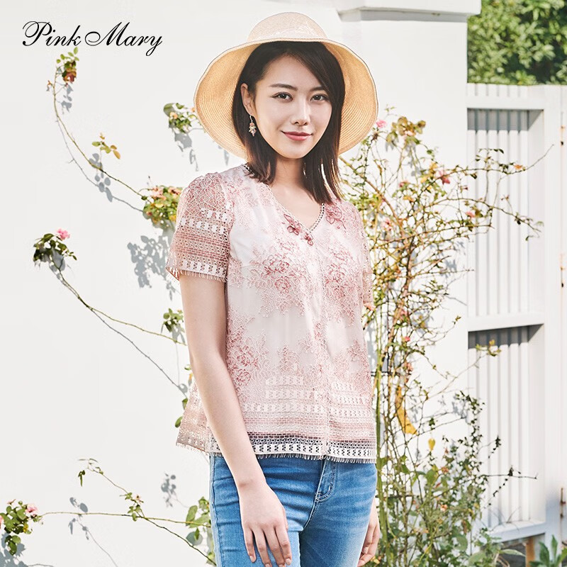pinkmary粉紅瑪琍2022夏季襯衫女士V領(lǐng)設(shè)計金蔥線蕾絲小衫上衣PMALS1057 粉橙 L