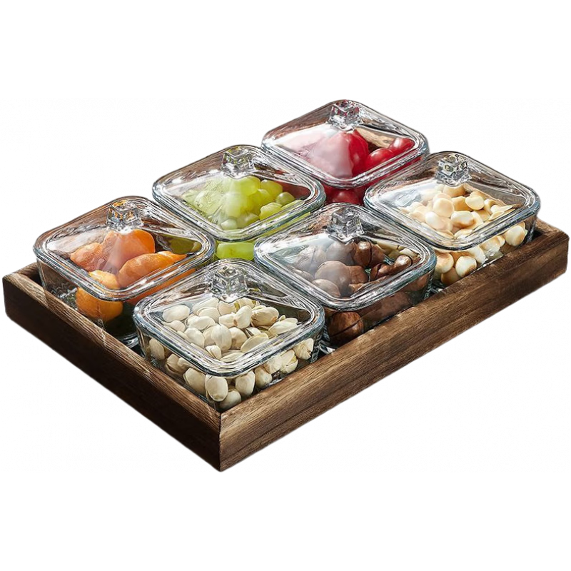 家用玻璃分格水果小吃零食干果盤客廳玻璃果盤帶蓋結(jié)婚新房 【帶蓋子】四方碗6只+6格桐木海棠花