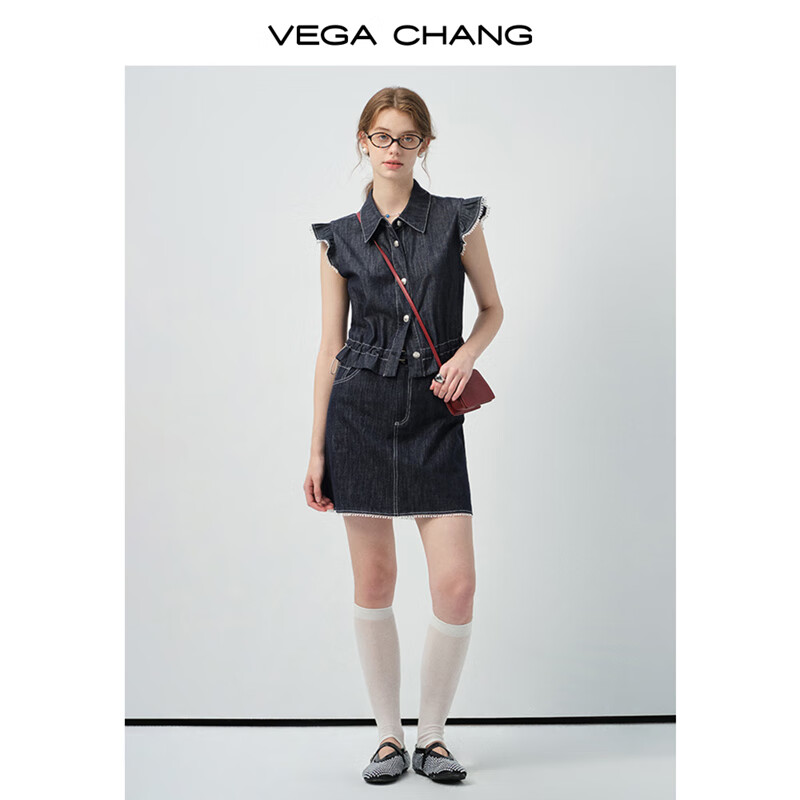 VEGA CHANG时尚套装女2025新款夏百搭撞色花边荷叶袖小衫半裙套装 深牛仔蓝（半裙） M