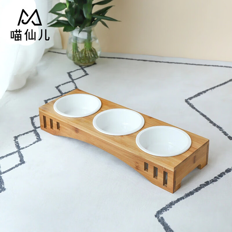 喵仙兒寵物實木貓餐桌陶瓷碗狗碗寵物用品店 三碗瓷碗