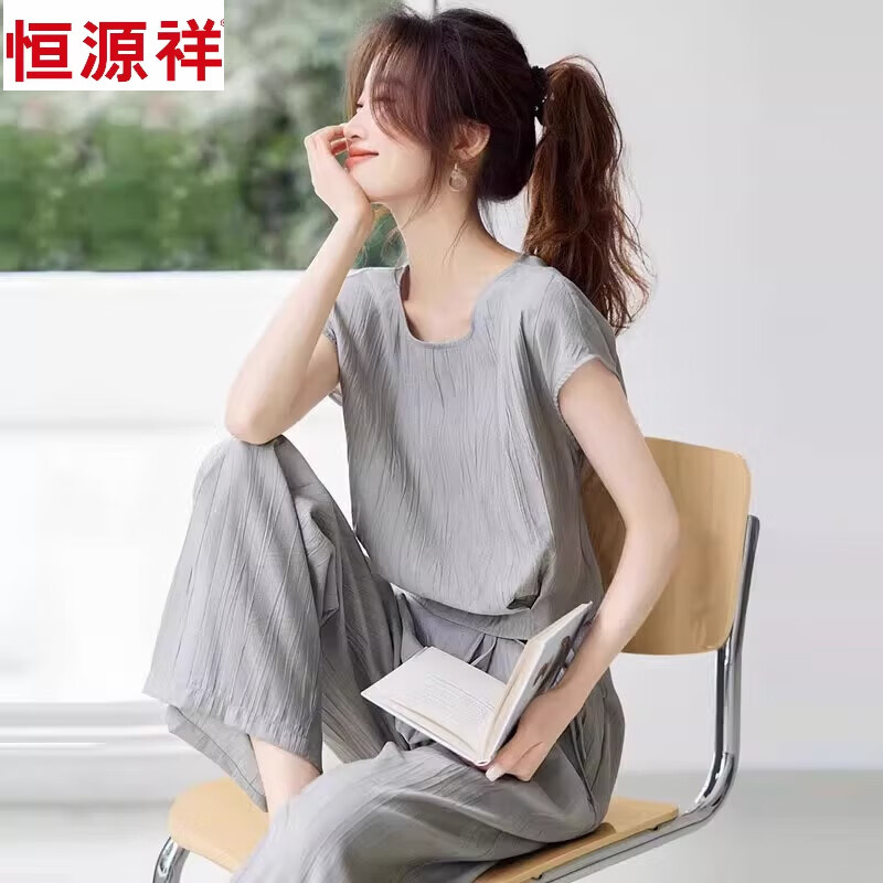 恒源祥轻薄透气穿搭一整套女夏季时髦洋气宽松无袖上衣阔腿长裤两件套装 灰色 【上衣+长裤】 M 建议【100-110斤】