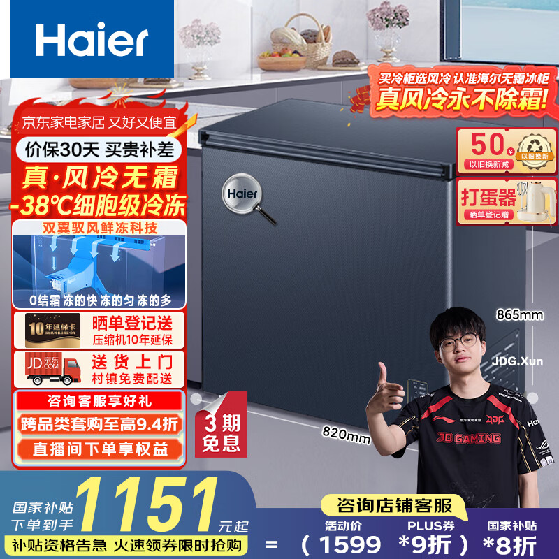 海尔（Haier）冰柜家用京东自营100升以上风冷无霜小冰箱小型冷柜-38度超低温BC/BD-159WGHED家电国家补贴20%