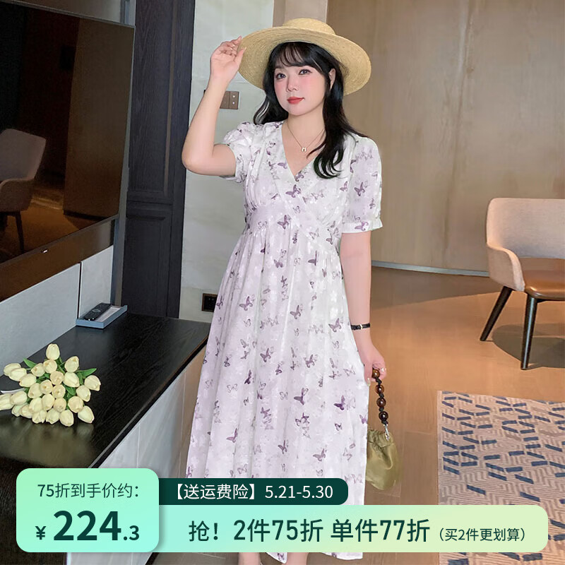 惟友大碼女裝連衣裙胖妹妹夏裝胖mm顯瘦法式蝴蝶長裙子 紫色蝴蝶 2XL 【尺碼偏大】 建議150-170斤