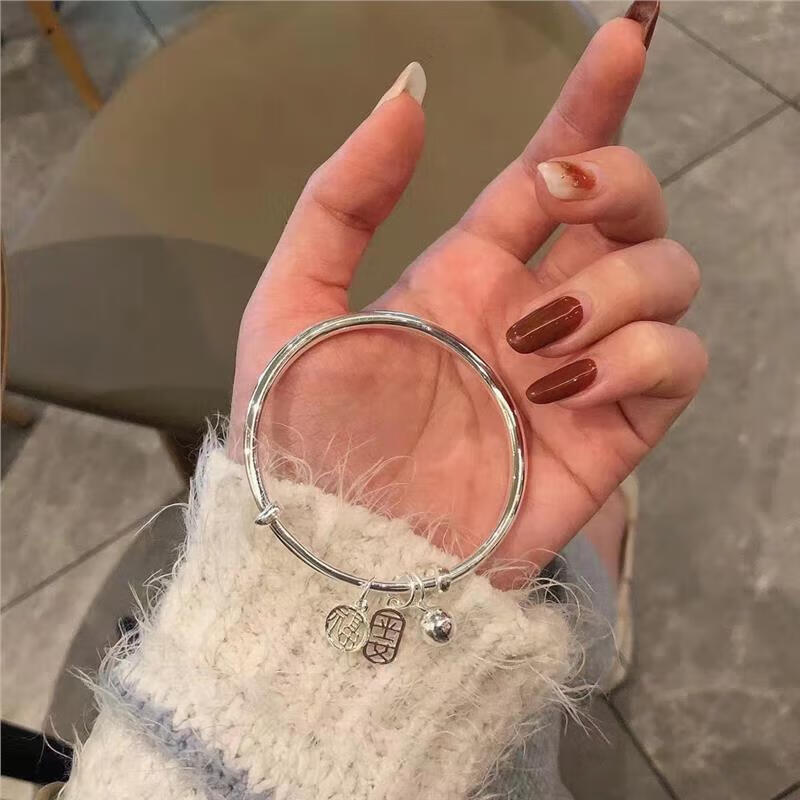 老凰祥繁花似锦纯银手镯女s999足银实心镯子情人节礼物送女友老婆 平安+福牌+风铃【送礼盒+证书】