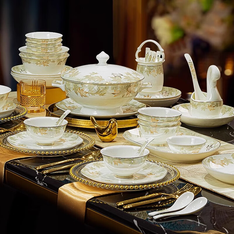 洛威中式餐具套裝2025新款喬遷新居高級(jí)感陶瓷碗盤(pán)筷碗碟套裝家用 葉之秋10人62頭