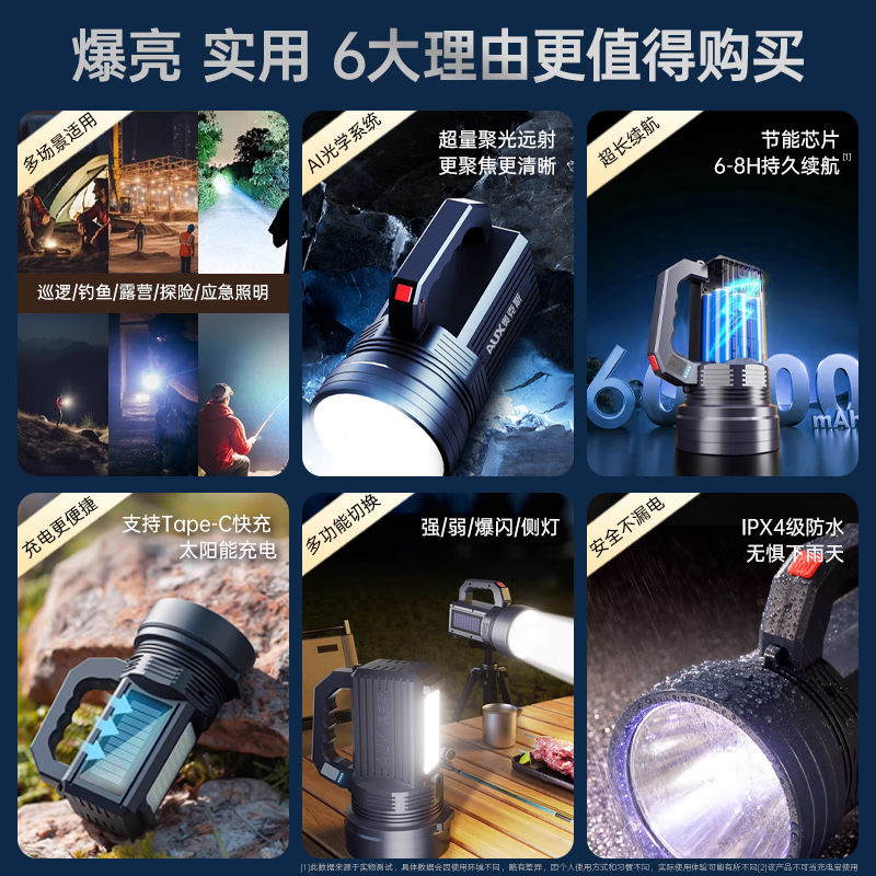 奥克斯（AUX）强光手电筒照明户外灯应急灯巡逻工作灯 超长续航野外探照灯 5000W+续航6-8h+侧灯
