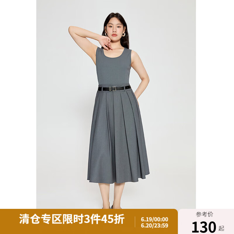 獨(dú)束獨(dú)束微胖大碼女裝氣質(zhì)顯瘦通勤假兩件高腰背心裙連衣裙24DY82844 星河灰 L (尺碼：2)