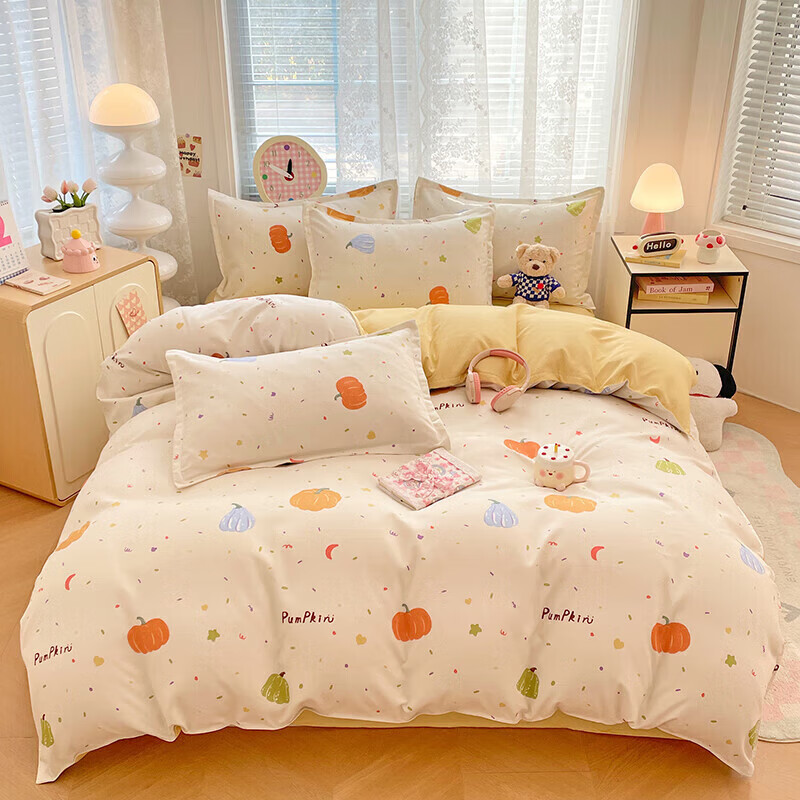 软贝小清新四件套 透气亲肤印花卡通简约田园风被套床单款套件 南瓜园 2.0m 床单款 四件套(被套200*230cm)