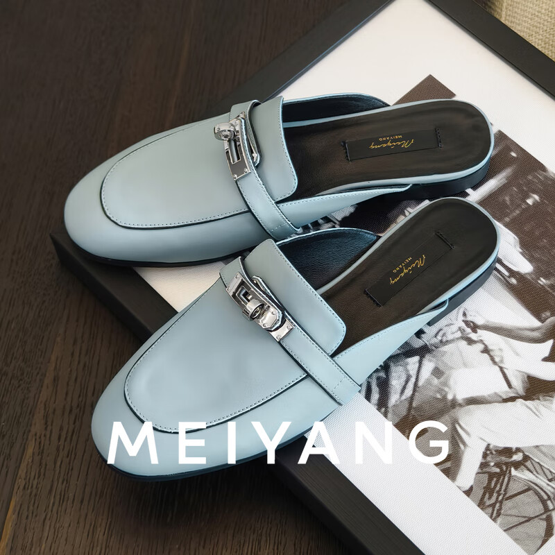 美洋（MEIYANG）法兰穆勒拖 静奢蓝调 头层牛皮羊皮平底半拖 蓝色 39