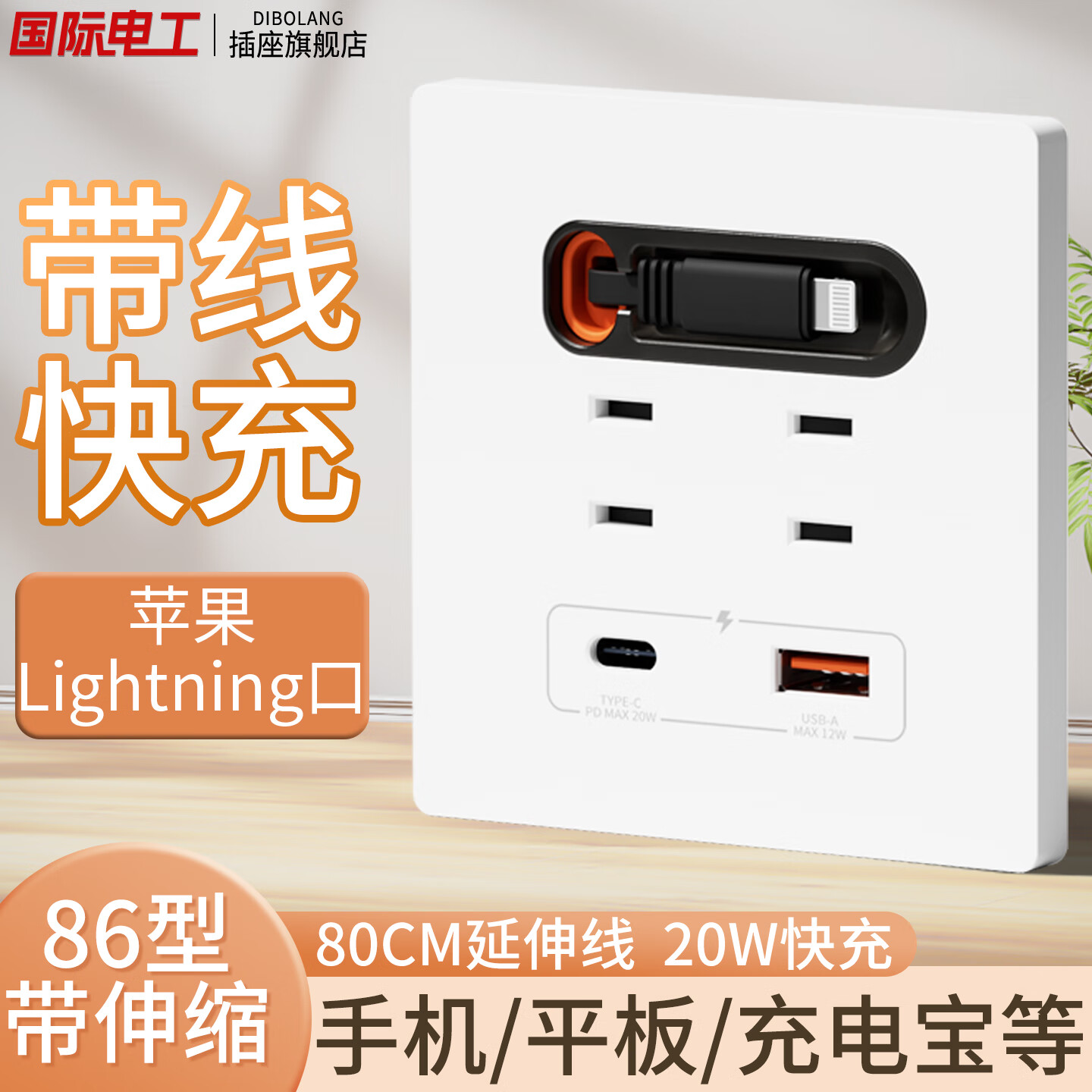 国际电工 （DIBOLANG）86型带伸缩数据线USB五孔插座20W快充插座开关面板手机充电Type-c 苹果线+四孔+USB+Type-C【白色】