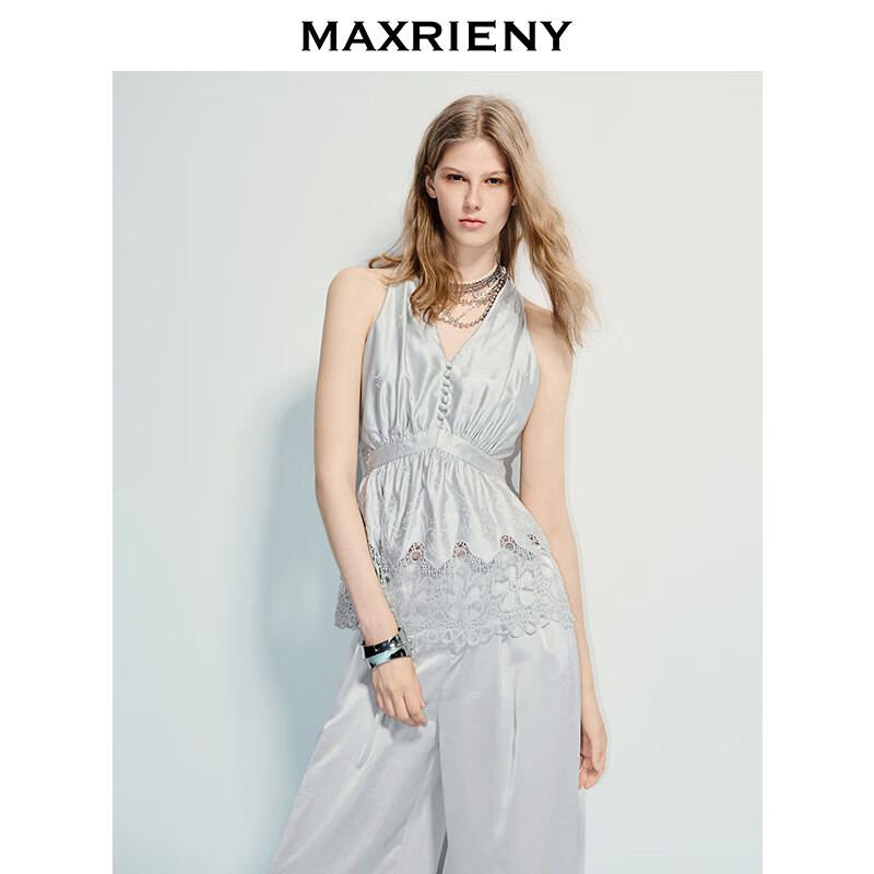 MAXRIENY【商场同款】法式优雅感无袖收腰荷叶下摆挂脖上衣25夏款 银色 M