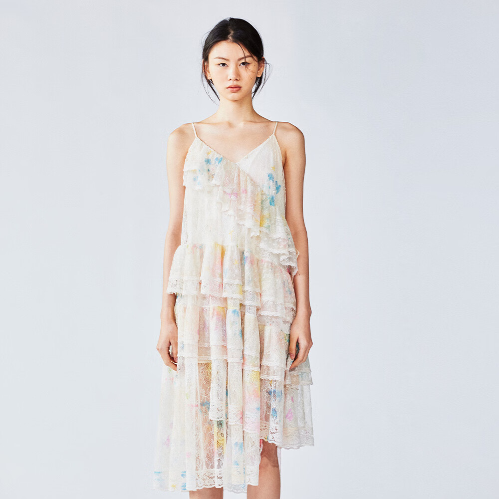 UOOYAA/乌丫2025夏季新款「白日梦」梦幻涂鸦蕾丝蛋糕吊带连衣裙 印花 S