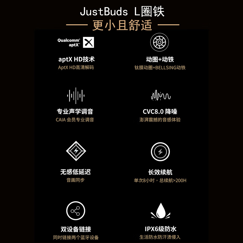 J(匠子)真无线蓝牙耳机圈铁混合单元分频设计HIFI级解析音乐小米华为苹果通用ENC降噪耳麦 JustBuds L支持快充