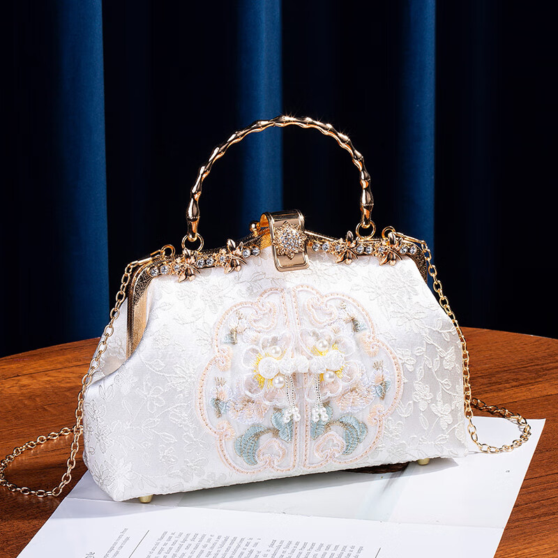 絲芙倫國(guó)風(fēng)刺繡提花手提小包高檔鑲鉆合金宴會(huì)包大容量禮服旗袍包晚宴包 白色-刺繡提花 配兩根長(zhǎng)鏈條