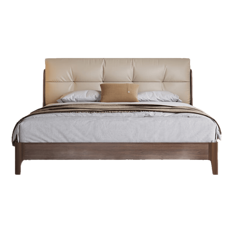 慕思（de RUCCI）實木床 北美黑胡桃木輕奢大床主臥雙人床靠背真皮床臥室床架家具 胡桃木款【深米色】-BCW1-163+155床墊 1.8*2米