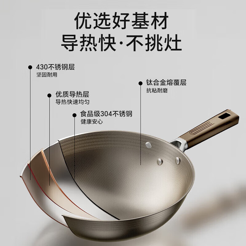 WCZ德国XKJ有钛无涂层不粘锅炒锅不锈钢家用平底炒菜锅具燃气灶 [国标I级]有钛炒锅+锅铲 32cm