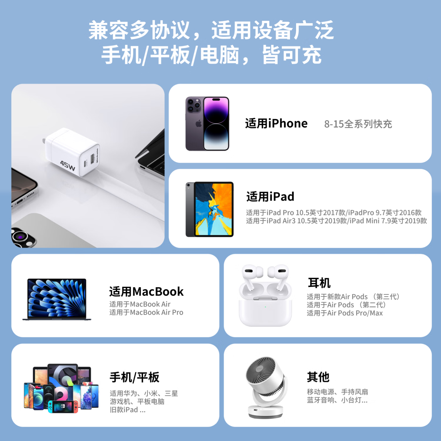 Hichain和昌充电头适用苹果16/15充电器USB插头45w充电头typec氮化镓充电器iPhone14 pro max华为安卓通用 1A+C【白色】45W氮化镓充电器