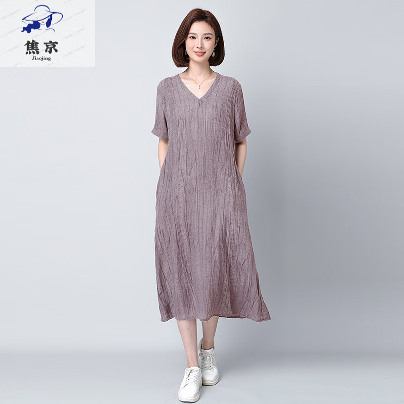 蕉京素订女棉麻v领短袖连衣裙女夏2025新款中年妈妈休闲大码宽松亚麻
