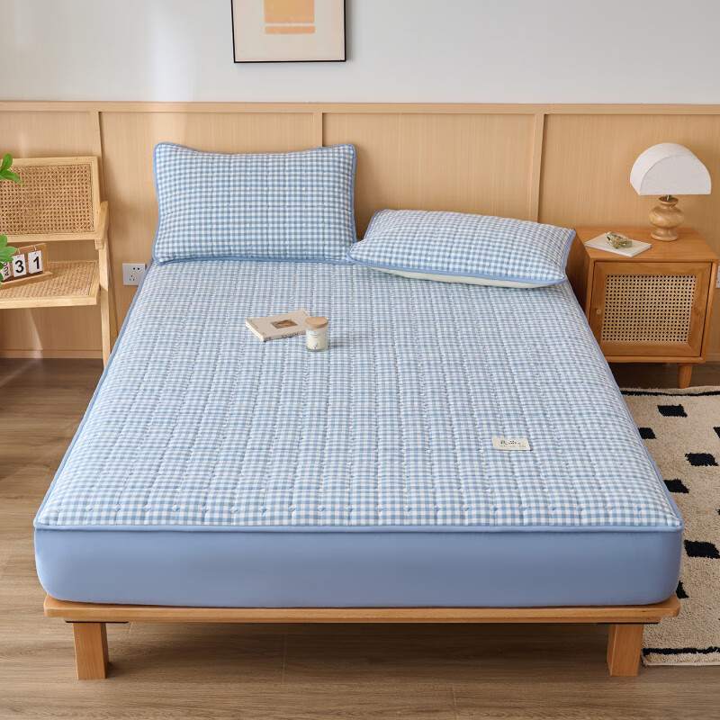 诸禄A类全棉夹棉床笠2米x2.2米2025新款四季通用床罩单件床垫保护隔脏 天蓝小格 床笠三件套 200cm*220cm
