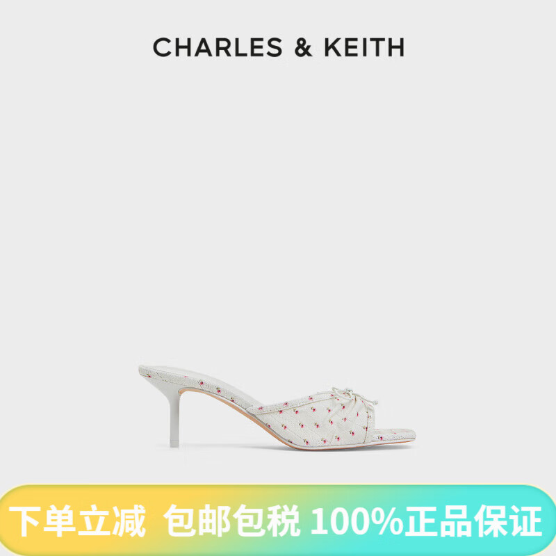 CHARLES&KEITH25夏新款1-60280476方頭蝴蝶結褶皺細跟拖鞋涼鞋 Multi綜合色 34