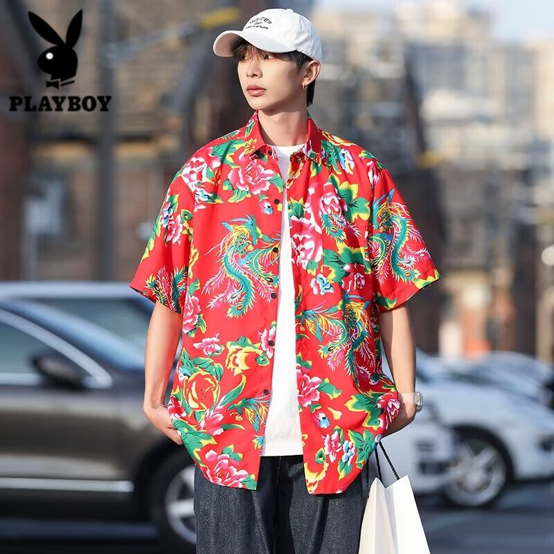 花衬衣男中国风潮流宽松加肥加大码复古东北大花布衣服衬衫短袖男