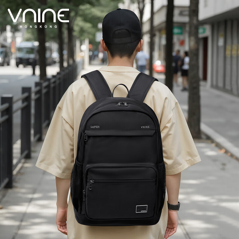 第九城(V.NINE)双肩包男生大容量背包女士简约百搭笔记本电脑包大学生书包 曜石黑