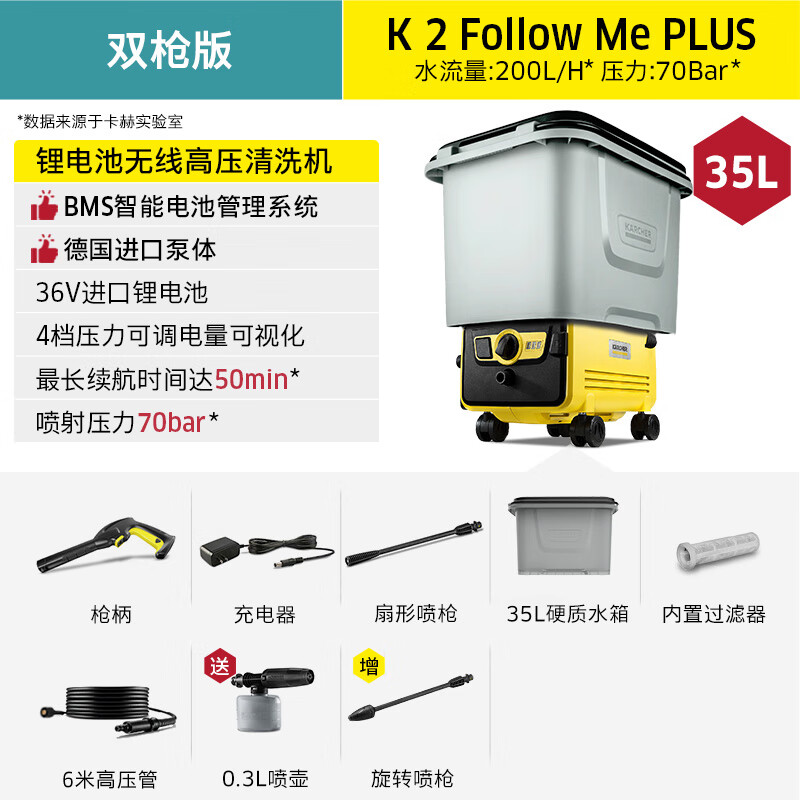 KARCHER德國卡赫無線洗車機(jī)家用充電便攜式高壓清洗機(jī)鋰電池水槍澆花神器 K2FM Plus無線雙槍版【35L水箱】