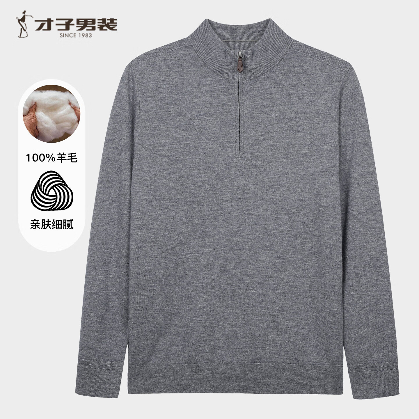 才子(TRIES)商务男士半高领羊毛衫秋冬纯色毛衣男100%纯羊毛轻奢保暖针织衫 灰色 XL 50 175/92A