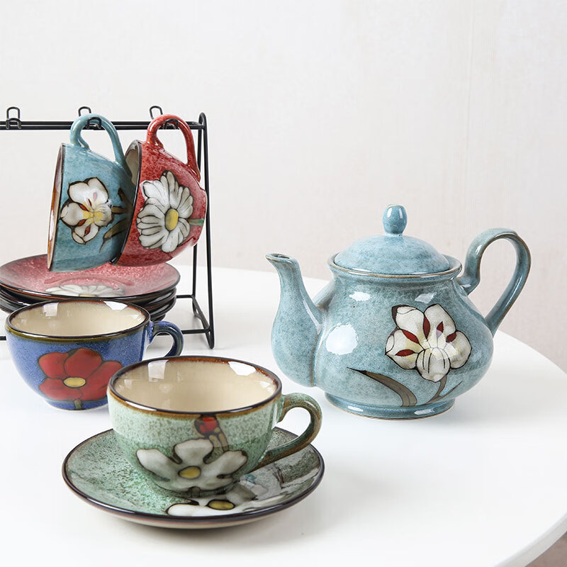 玉泉韓式咖啡杯碟套裝家用手繪陶瓷茶杯咖啡杯茶壺禮盒下午茶杯 咖啡杯碟套裝 9件