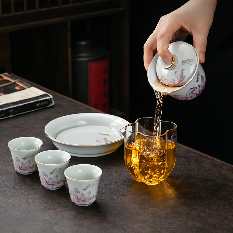 京峰阁 高端茶具整套 情投意荷粉盖碗茶壶茶杯套装轻奢家用开业送礼盒装 情投意荷粉盖碗茶壶套装(粉) 7人饮 11件