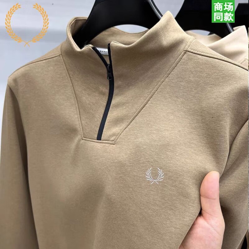 Fred Perry奥莱折扣麦穗男装长袖T恤秋季新款中年时尚休闲拉链领体恤衫 卡其/刺绣胸标 2XL 建议130-150斤
